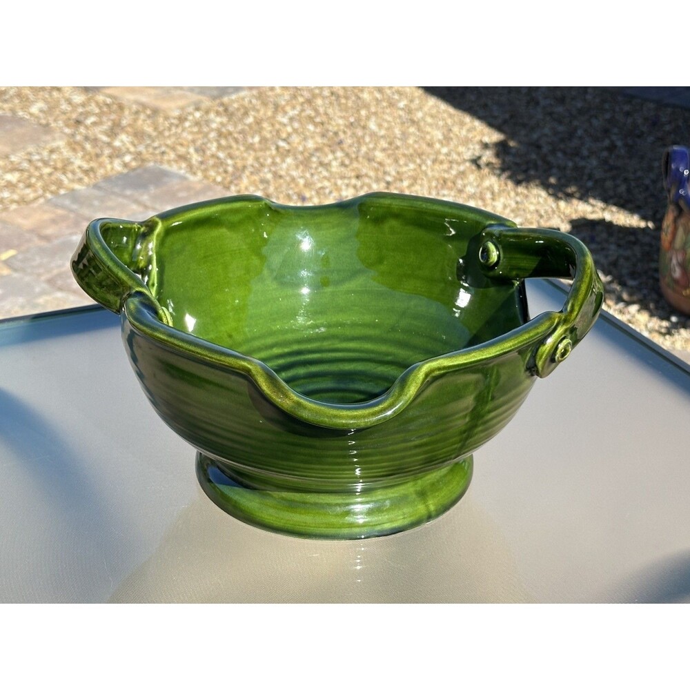 Vintage Italian Pottery Pedestal Two Handles Bowl Green Christmas Decor Italy